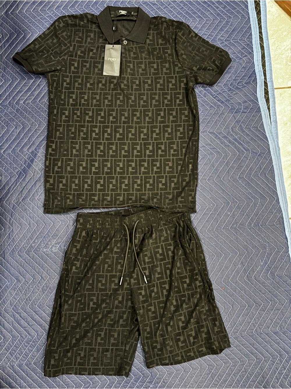 Fendi Black Monogram Polo & Drawstring Shorts Set - mean